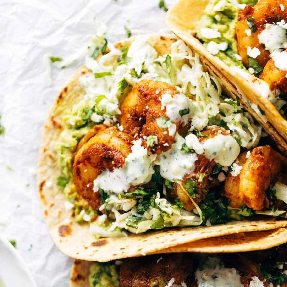 Bang Bang Shrimp Tacos with Cabbage & Rice and Beans