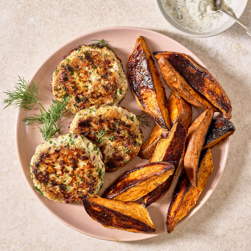 Spinach-Feta Turkey Burgers with Sweet Potato Wedges