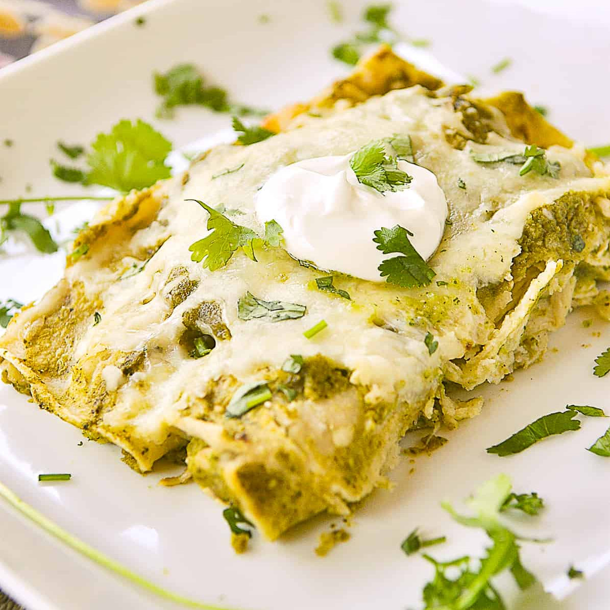 Summer Salsa Verde Chicken Enchilada Bake
