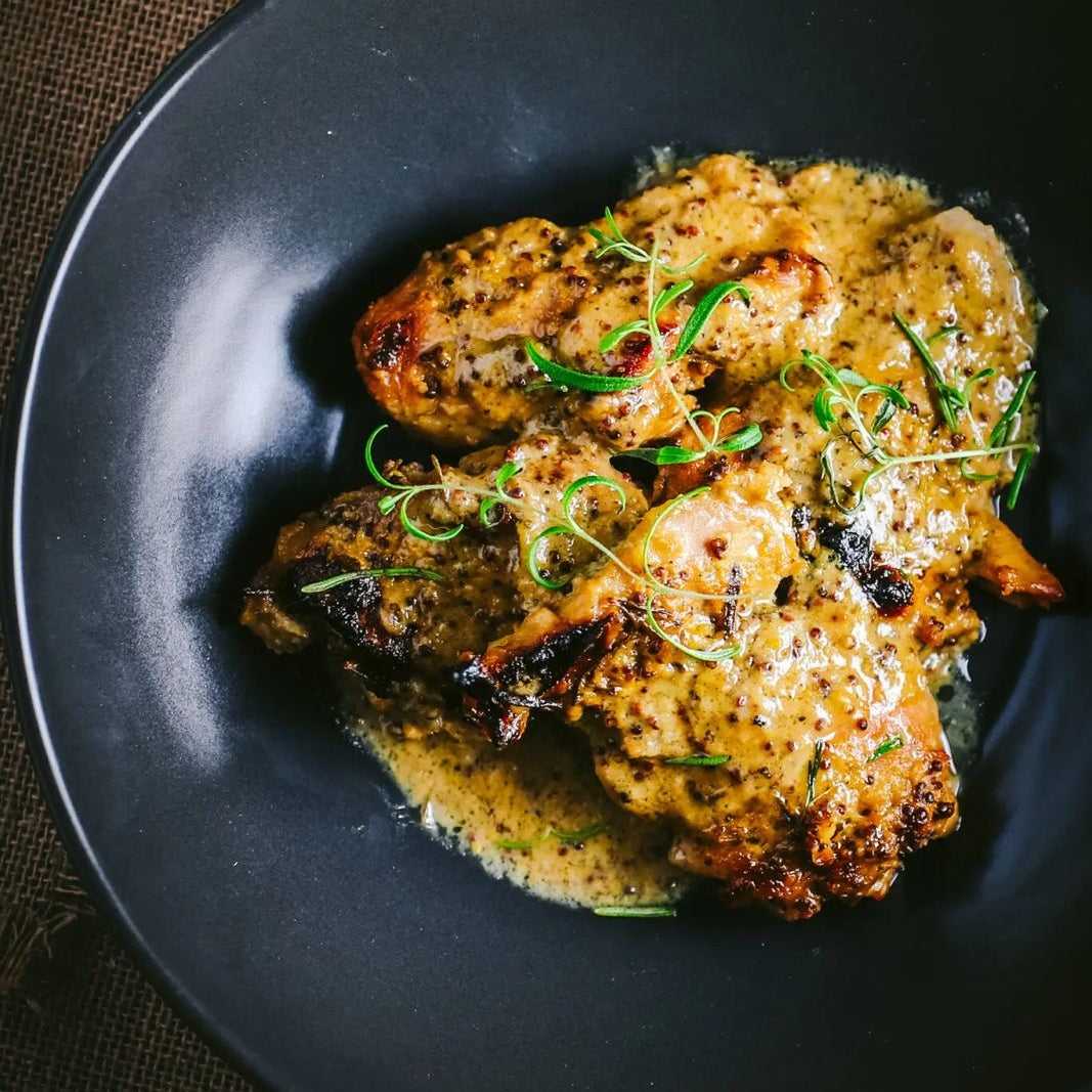 Maple-Mustard Roasted Chicken Thighs with Brussels Sprouts