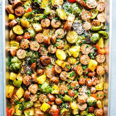 Sheet Pan Sausage with Fall Vegetables, Farro & Green Herb Sauce