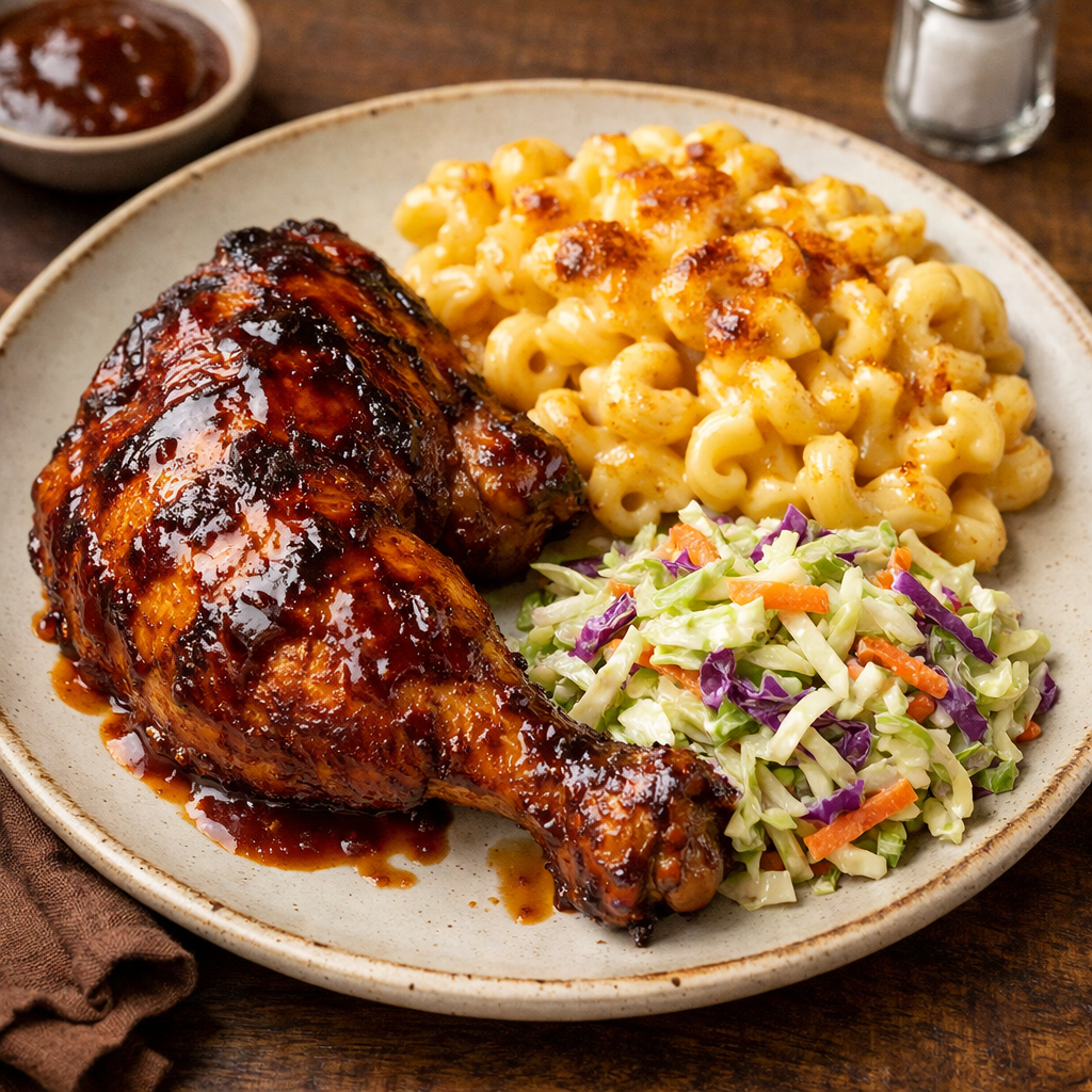 BBQ Chicken Plate with Mac and Cheese & Cabbage Slaw