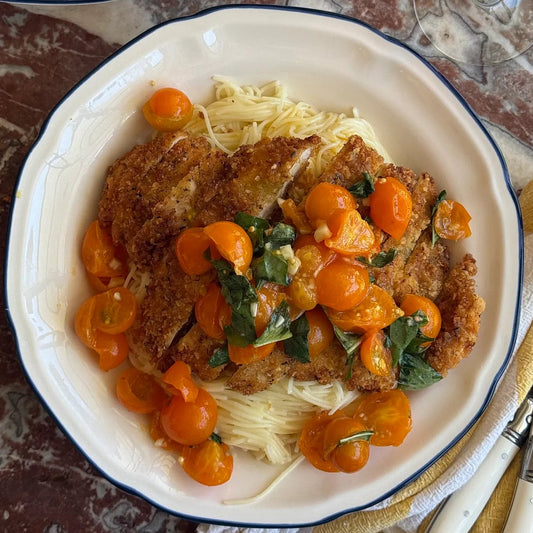 Summer Pomodoro with Angel Hair & Crispy Parmesan Chicken Cutlets