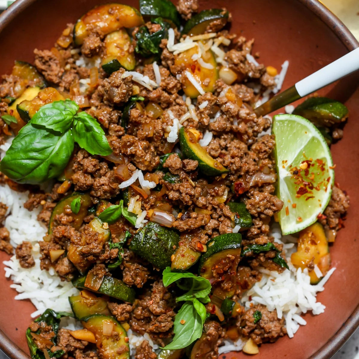 Zucchini Ginger Basil Beef Stir Fry with Rice (GF)