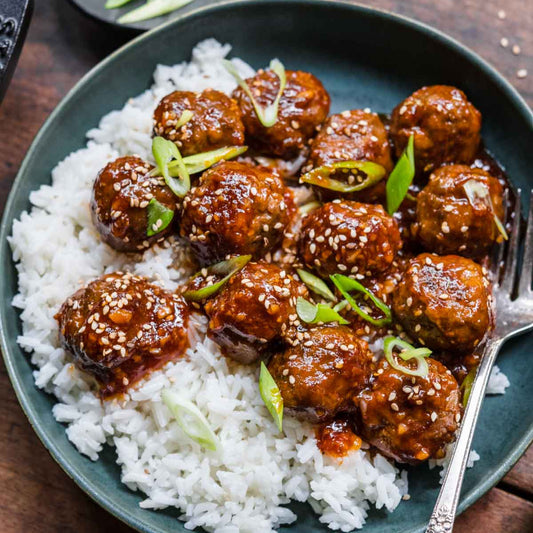 Soy-Garlic-Ginger Meatballs with Stir Fry Veggies & Rice