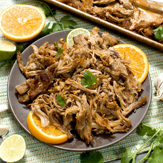 Citrus Carnitas Plate with Beans, Rice & Salsa