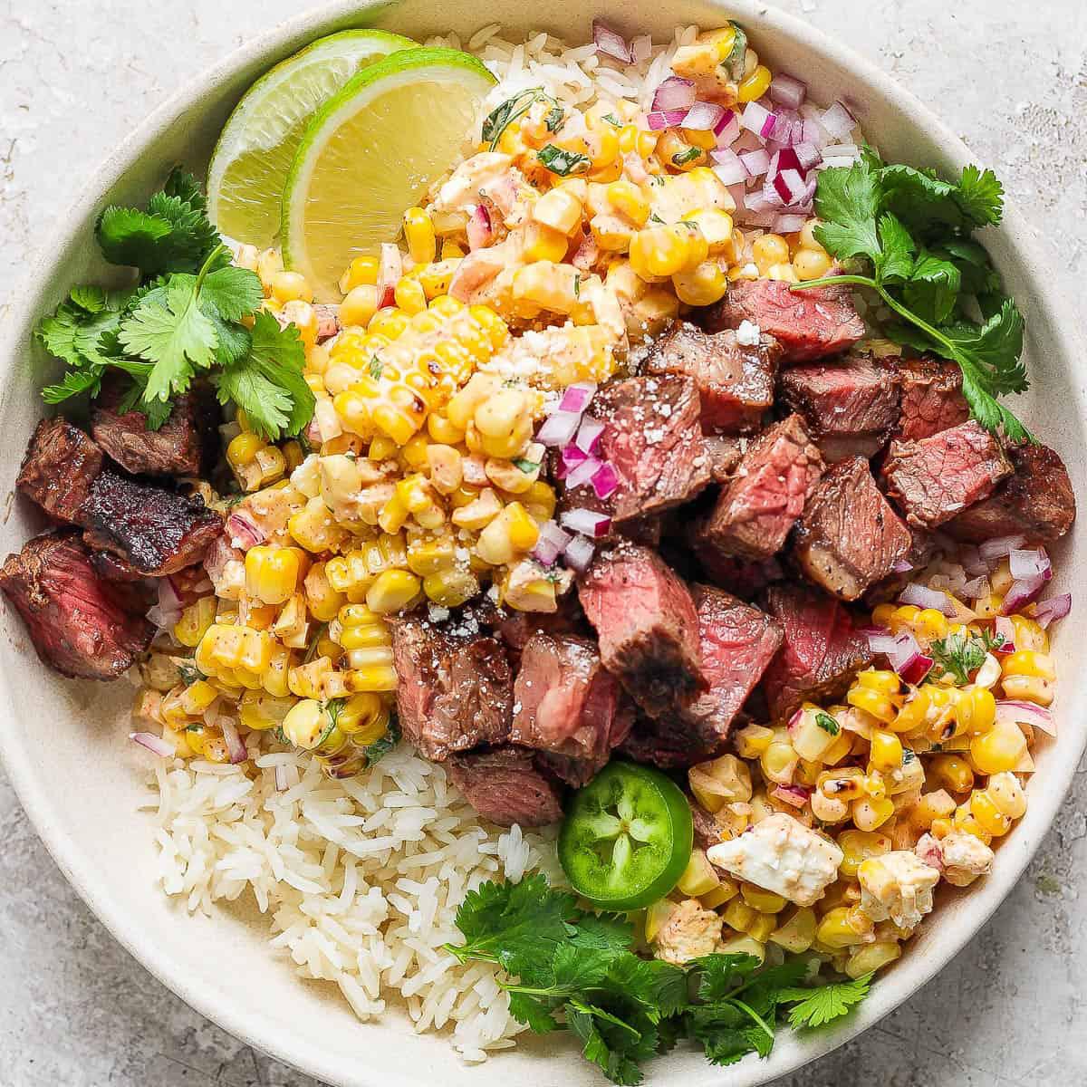 Grilled Steak Burrito Bowl with Charred Corn Salsa