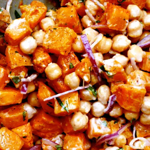 Roasted Sweet Potatoes with Chickpeas and Tahini